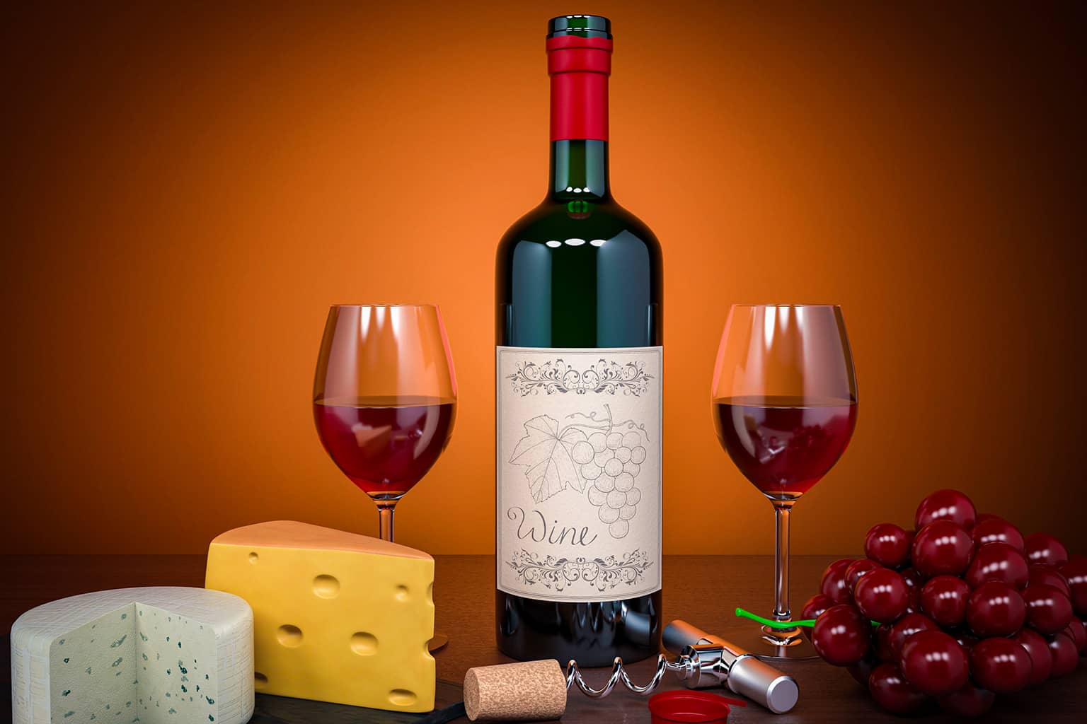 Stillleben aus geöffneter Rotweinflasche, Käse und Weintrauben symbolisiert die TAMI-Lösungen für Wein & Weinerzeugnisse.